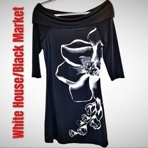 WHBM Monochrome Floral Print Off The Shoulder Mini Tunic Dress, Size Small‎